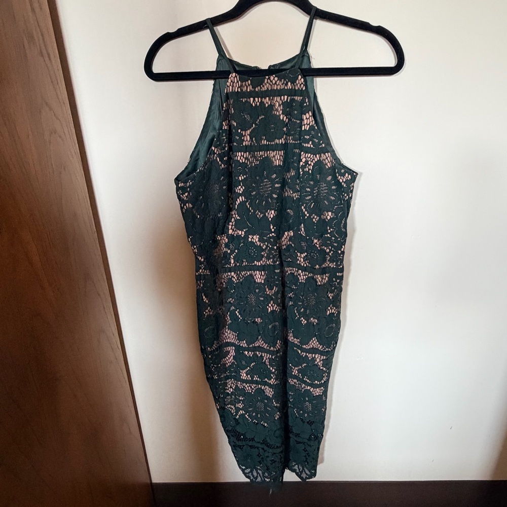 Bardot Mila floral lace midi dress green forest with beige lining M - Picture 2 of 5